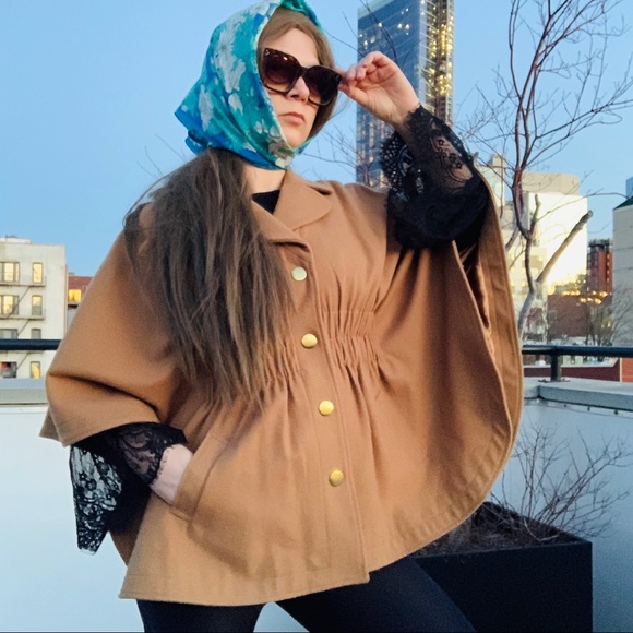 Aqua Camel Wool Bat Wing Ruffled Pea Coat Poncho - Picture 6 of 16